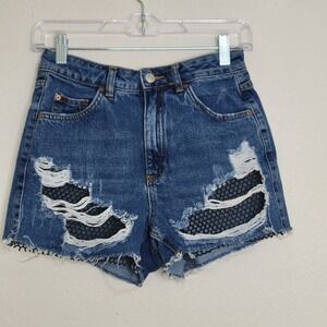 Topshop Moto Mom Denim Shorts Distressed Ripped Black Mesh Blue Size 8